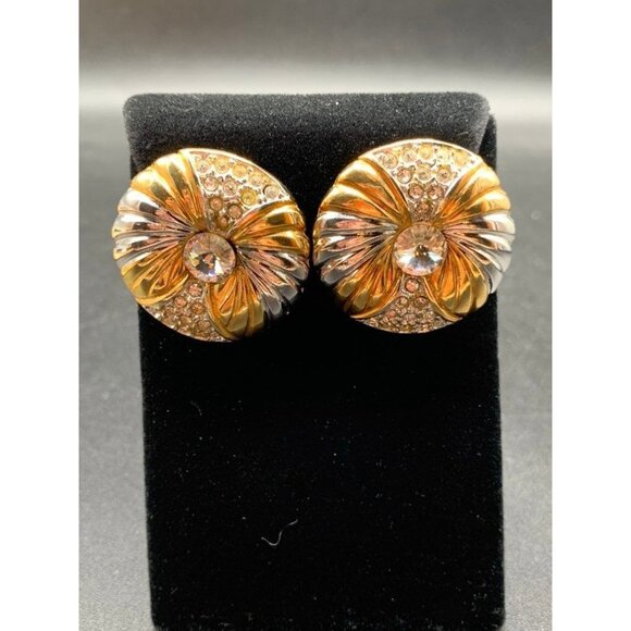 Rhinestones Earrings 80s Chunky Gold Tone Clear Rivoli Rhinestones Round Clips - Picture 4 of 6